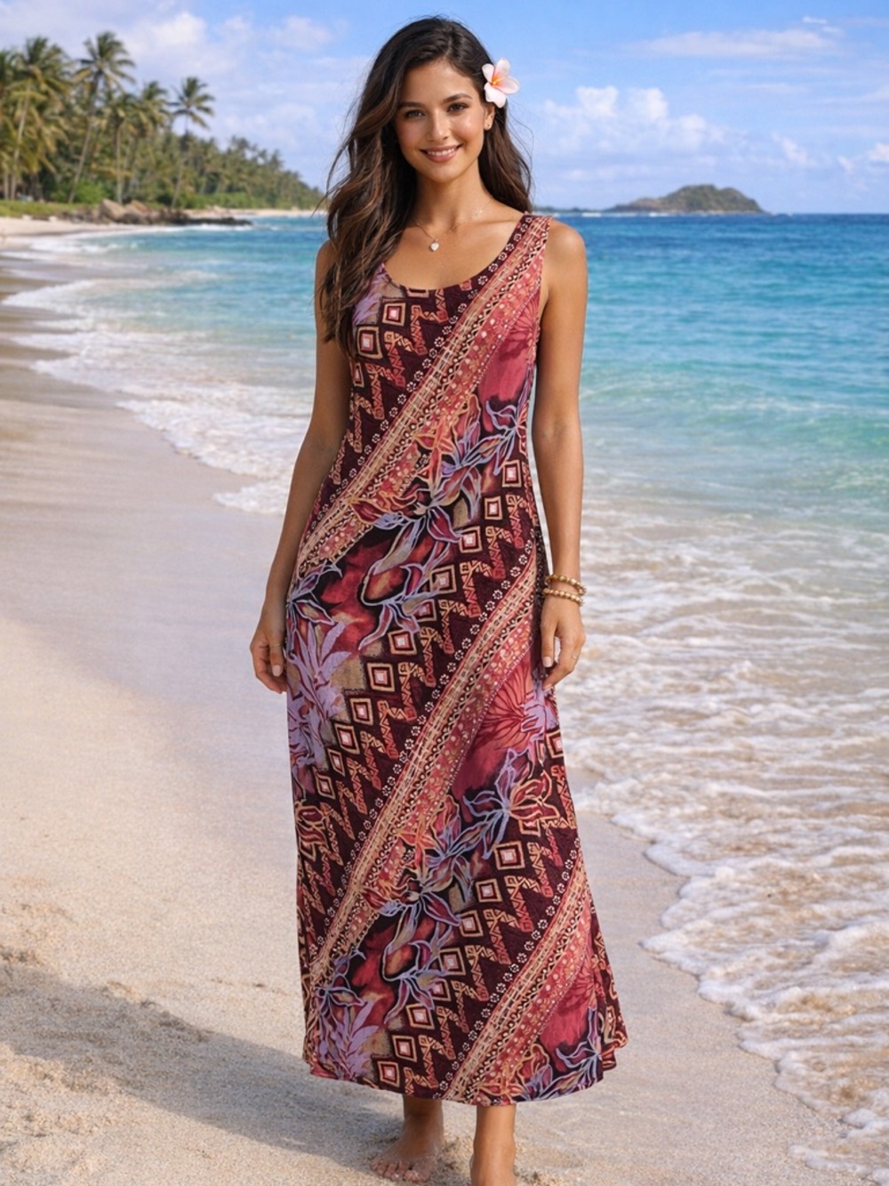 Hilo Hattie Hawaiian Maxi Dress XS Pink Red Tropical Sleeveless Made in Hawaii